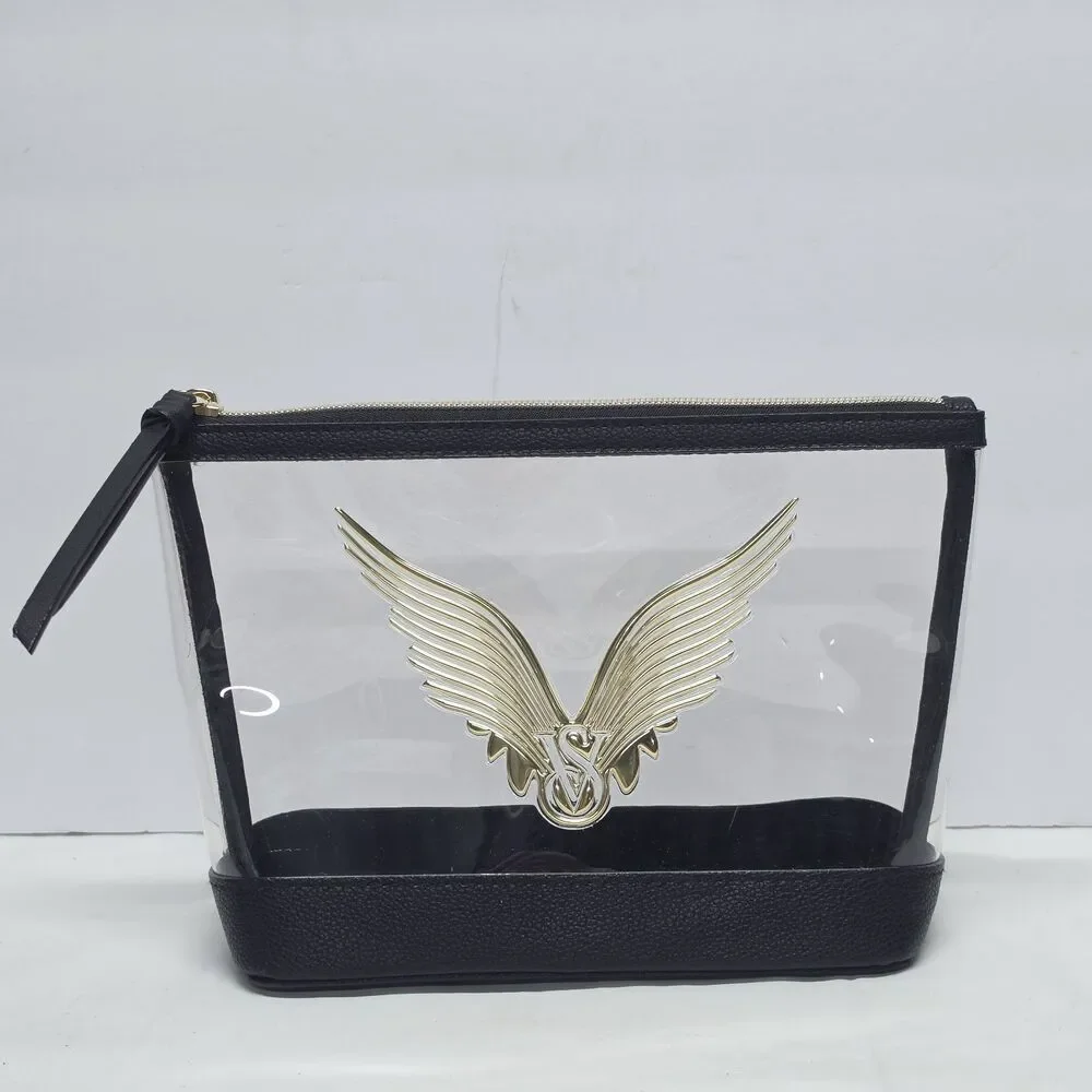 Victoria's Secret Angel Wings Clear Black Makeup Cosmetic Bag Gold Logo Pouch